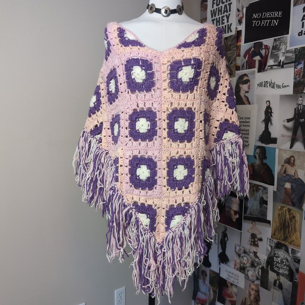 Crochet Granny Square Fringe Boho Poncho